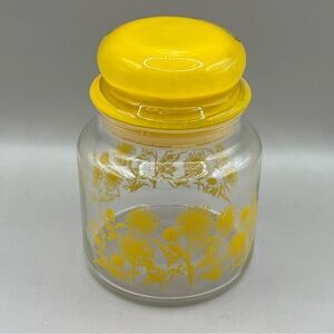Vintage Small Glass Canister Jar Yellow Flowers Glass Lid
